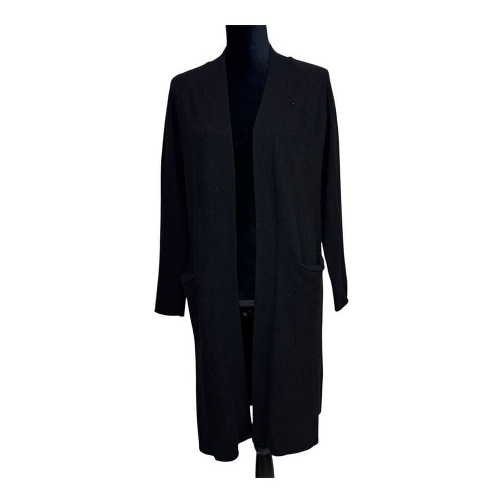 Long Black Cardigan Duster Sweater Knit Open Front Pockets Cozy Layering small